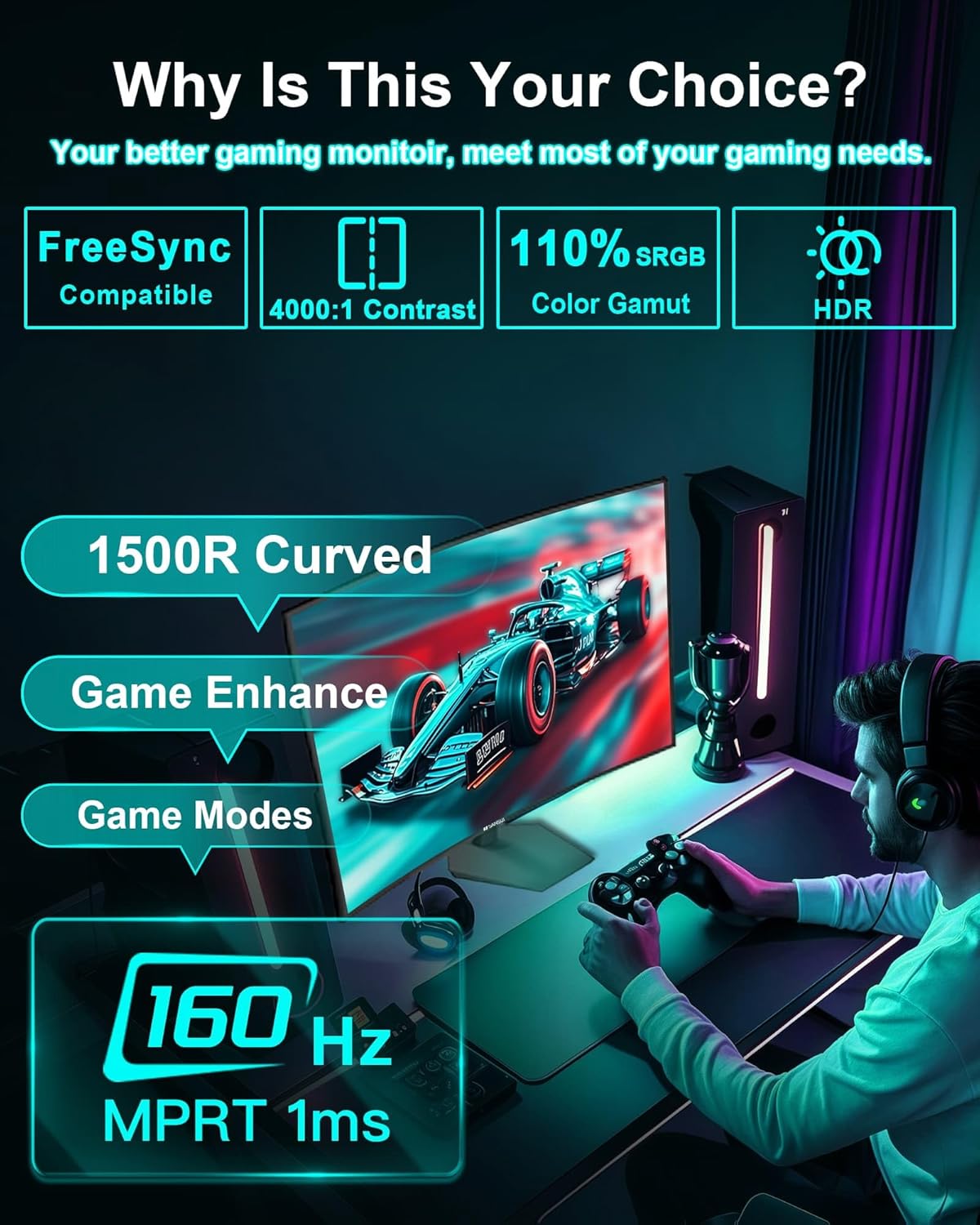 SANSUI 27” Curved 160Hz Gaming Monitor – FHD 1080p